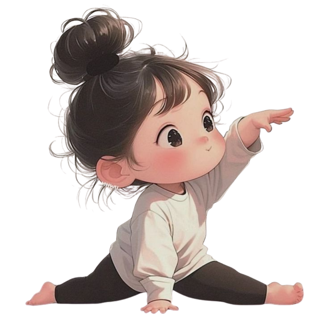 Active girl pointing upward on yoga mat