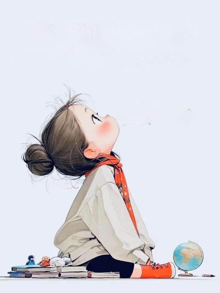 Girl looking up with books and globe