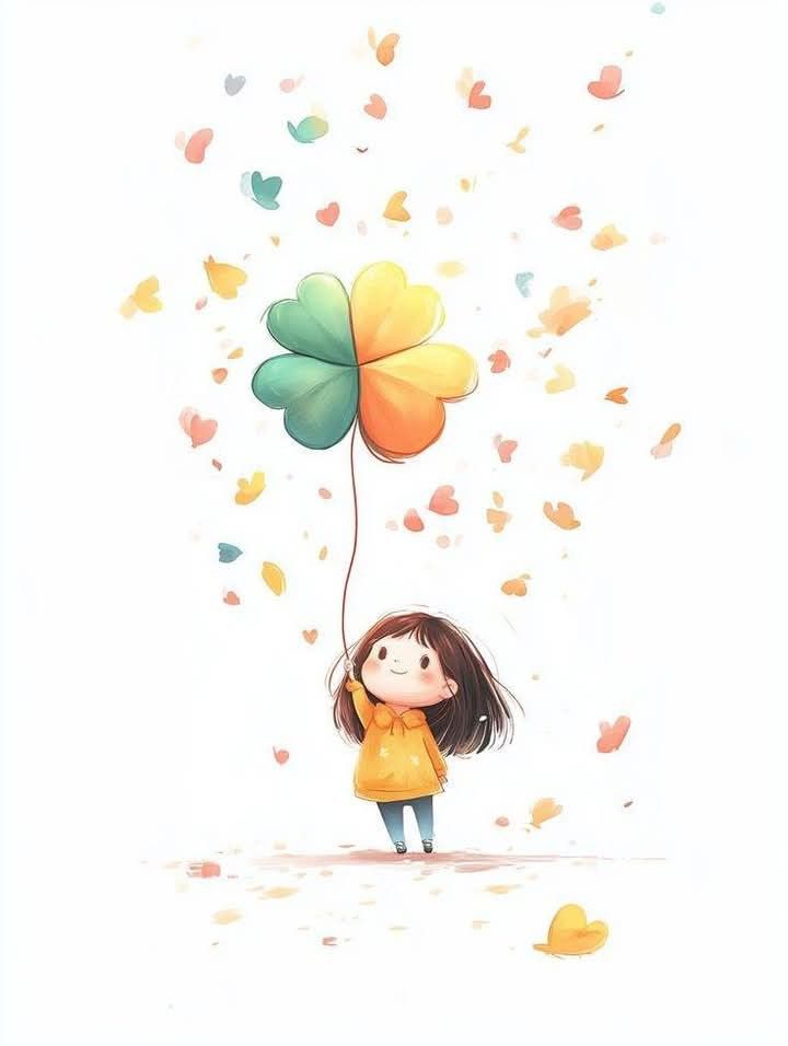 Girl holding colorful clover balloon with hearts